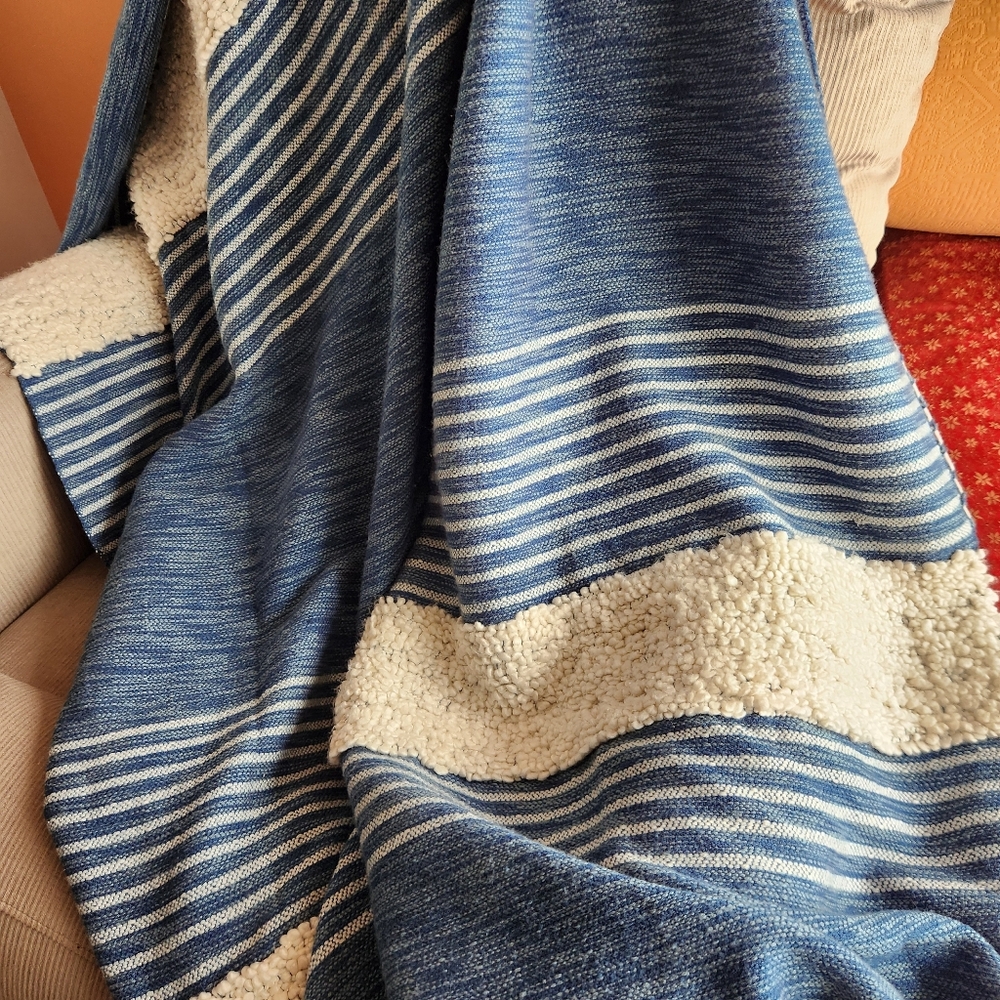 MALAGOON Blanket Throw Blue White Stripes Wool Blend Textured Fringe 59 x 50 - Picture 2 of 11